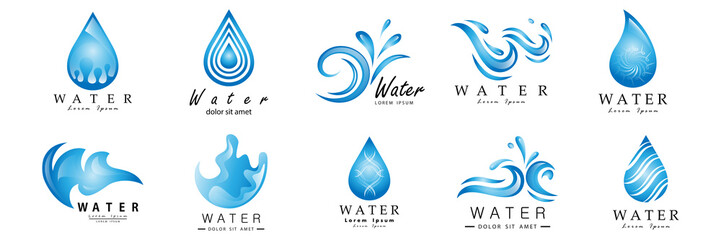 Water Splash Vector And Drop Set - Isolated On White. Abstract Vector Collection Of Flat Water Splash and Drop Logo. Icons For Droplet, Water Wave, Rain, Raindrop, Company Logo And Bubble Design