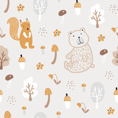 Semless woodland pattern with cute bear