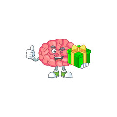 Smiley brain cartoon character holding a gift box