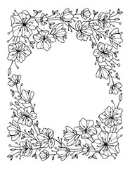 Floral hand drawn spring frame. Coloring page. Doodle flowers decorative border