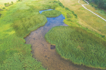 Aerial view of countryside and brook on a summer sunny day. Beautiful nature landscape