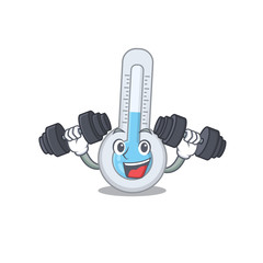 Mascot design of smiling Fitness exercise cold thermometer lift up barbells