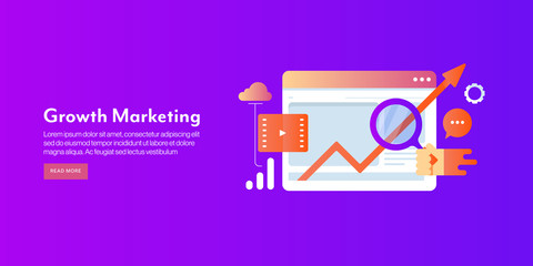 Growth marketing strategy for online business. Website data analysis, increasing arrow, digital business growth concept. Flat design web banner with text.