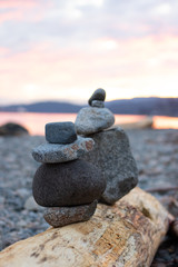 Stacked Stones on the Beach. Portrait Orientation.