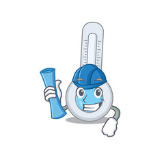 Cartoon character of cold thermometer brainy Architect with blue prints and blue helmet