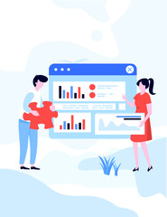 In front of the big screen for data analysis. Support team illustration for business company profile concept on landing page
