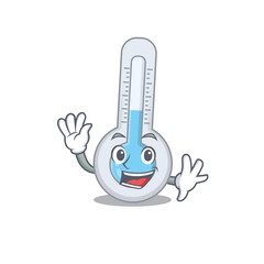 A charismatic cold thermometer mascot design style smiling and waving hand
