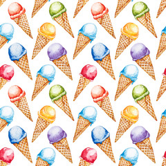 Seamless pattern. Ice cream of seven rainbow colors. Hand drawn watercolor illustration isolated on a white background. - 341553812