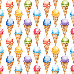 Seamless pattern. Ice cream of seven rainbow colors. Hand drawn watercolor illustration isolated on a white background. - 341553834
