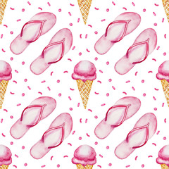 Seamless pattern. Pink watercolor ice cream in waffle cone and flip flops on white background. Hand drawn illustration. - 341553841