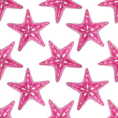 Seamless pattern. Pink starfish. Hand drawn watercolor illustration on white background. - 341553856