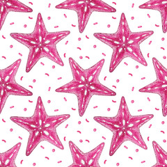 Seamless pattern. Pink starfish. Hand drawn watercolor illustration on white background. - 341553877