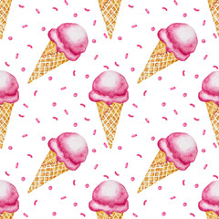 Seamless pattern. Pink watercolor ice cream in waffle cone on white background. Hand drawn illustration. - 341553887