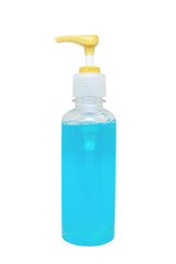 Healthcare Concept : Blue alcohol gel in pump clear bottle for hand washing to protect bacteria isolated on white background.