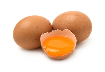 Chicken eggs,yolk and half eggs isolated on the white background.