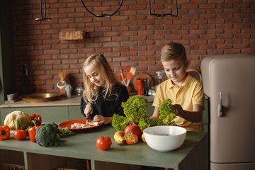 Brother and sister. Children prepare the salad. Kids in the kitchen.