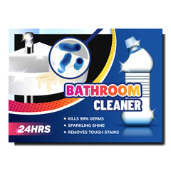 Bathroom Cleaner Bright Promotional Poster Vector. Dirty With Bacterial Germs Sink And Blank Plastic Bottle Container With Cleaner Liquid For Clean Wash Basin. Concept Mockup Realistic 3d Illustration