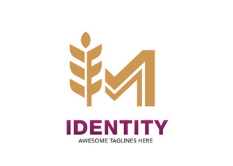 initial letter M with wheat seed logo concept, Agriculture wheat Logo Template vector icon