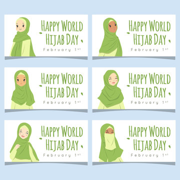 Happy world hijab day. Muslim women wearing green hijab isolated in white background. February 1st international day celebration for web banner or greeting card, vector design. Vector collection