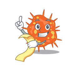 Burkholderia mallei mascot character design with a menu on his hand