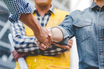 Fototapeta na wymiar Partner Business Trust Teamwork Partnership. Industry contractor fist bump dealing mission business. Mission team meeting group of People Fist bump Hands together. Business industry trust teamwork