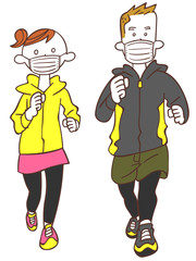 マスクをつけてジョギングする若いカップル
