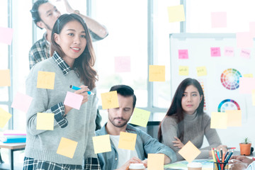 Brainstorming diversity creative design use post it sticky note  team meeting with startup teamwork. Collaborative brainstorm teams meeting with business partners share ideas teamwork in conference