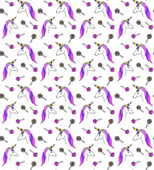 Seamless vector pattern unicorn and sweets. Unicorn in Baby Cute Colorful Background.