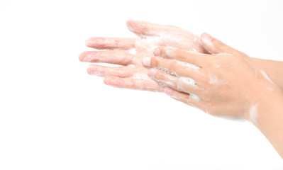 Woman use soap and washing hands isolated on white background