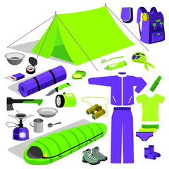 set of tourist, things for a hike, tent, sleeping bag