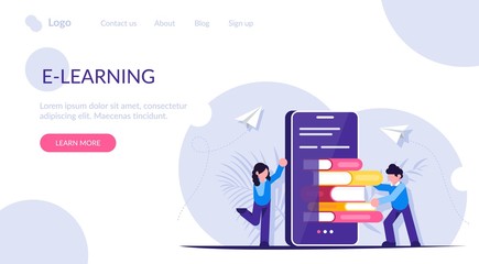 E-learning or the concept of a mobile library. Lots of books on your cell phone. People are self-educated. Modern flat vector illustration.