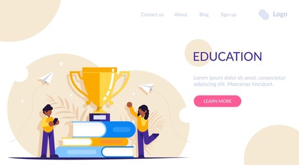 Concept of learning. People received a cup award for studying books. Modern flat vector illustration.