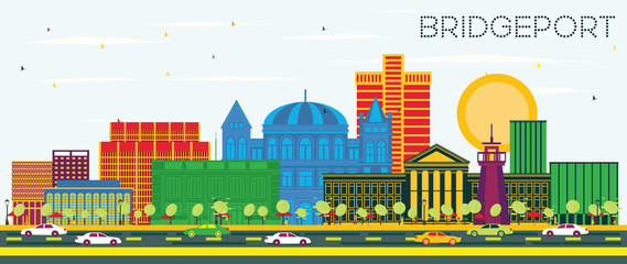 Bridgeport Connecticut City Skyline with Color Buildings and Blue Sky.