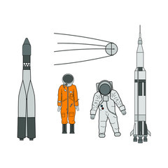 Collection of illustration of the space race between the United States and the former Soviet Union. illustration for web and mobile design.