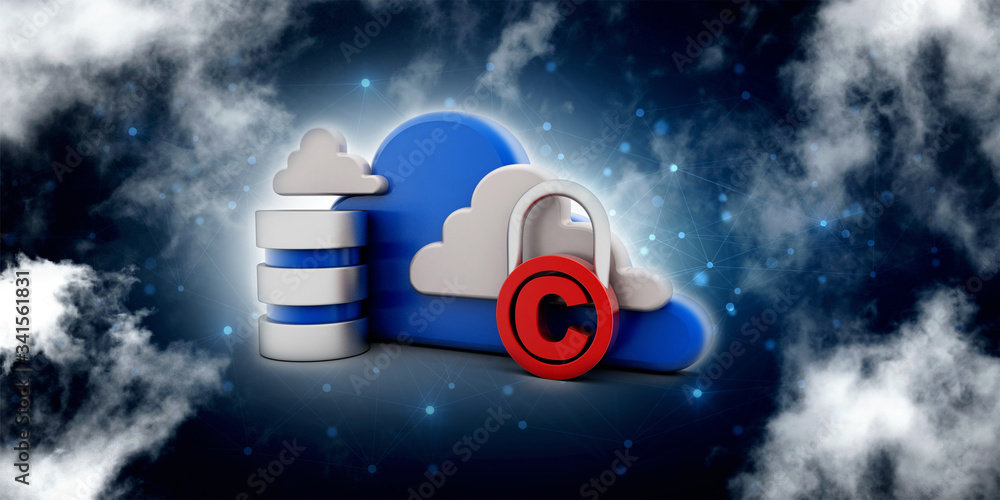 Poster 3d illustration copyright symbol protected lock with database concept