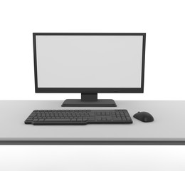 A desktop computer on the desk. Remote work using a computer. 3D rendering
