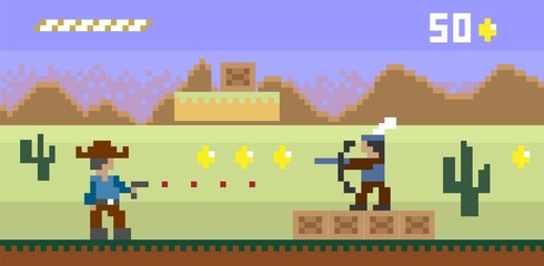 Naklejka premium Pixel art western style shooter video game vector template