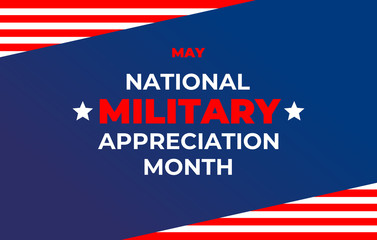 National military Appreciation Month. Banner, poster, card for social networks, media with text: National military Appreciation Month. Wavy US flag on a white background. Vector military illustration.
