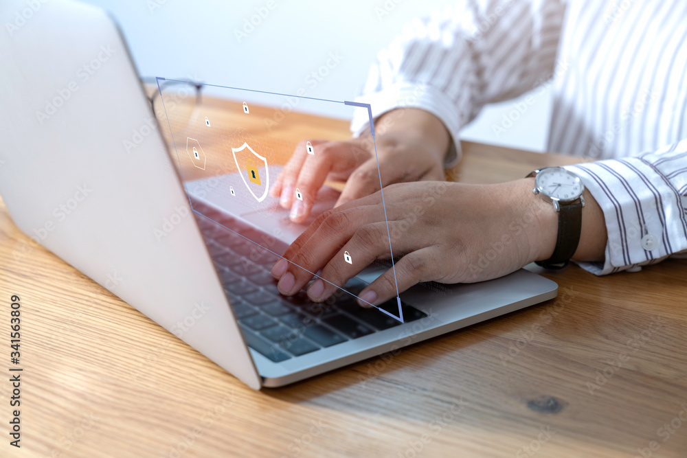 Poster laptop computer with data protection, cyber security, information safety and encryption concept. int