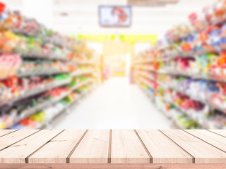 Wood table or wood floor with supermarket blur background for Product display