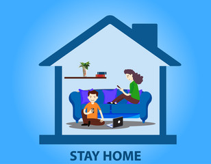 Stay at home theme for protect you and your family from covid 19 virus. Victor illustration of people are working from home and stay safe from corona virus. Home icon with people for safety awareness.