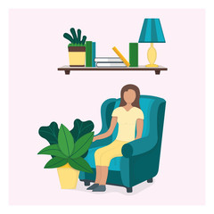 Character female sitting chair with green leaf pot, woman rest and sleep isolated on pink, flat vector illustration.