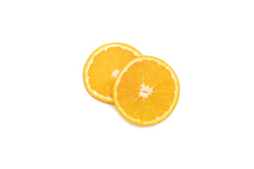 Cut slice of orage ready for orange juice top view isolated white background