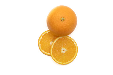 Group of fresh whole and cut orange isolated on white background. From top view