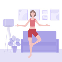 The girl does yoga at home in quarantine. Cute young woman doing sports in the living room. Bright color, simple character design, vector illustration.