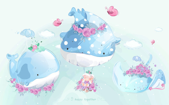 A cute little whale in colorful watercolor style Set. © Sine9999