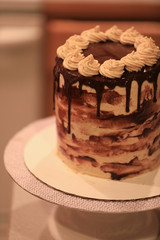 A piece of cake made fresh with chocolate ganache and frosting. 