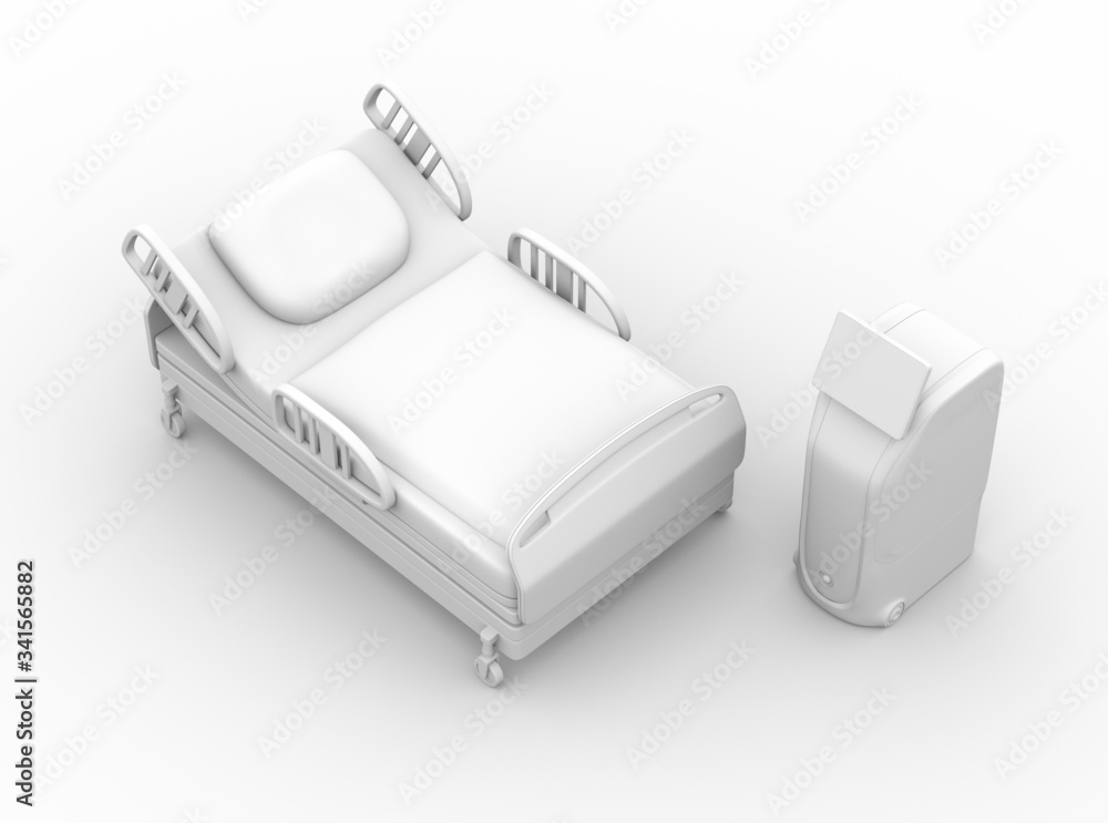 Poster clay rendering of medical delivery robot and bed. infection prevention concept. 3d rendering image.