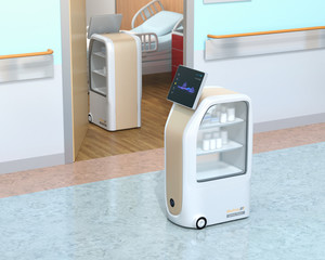 Medical delivery robots working in hospital. Infection prevention concept. 3D rendering image.
