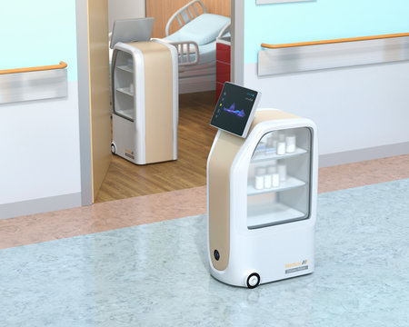 Medical delivery robots working in hospital. Infection prevention concept. 3D rendering image.